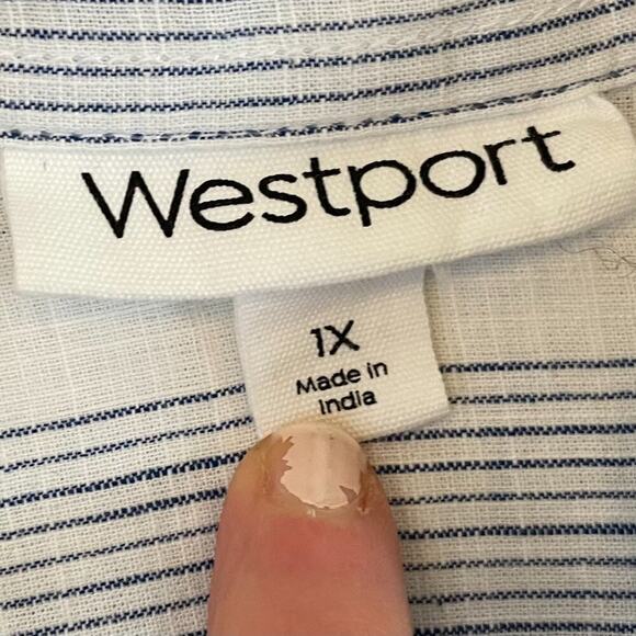 Blue, White Striped Cotton Button Down Lightweight Shirt Roll Tab Sleeves, 1X - Picture 9 of 13